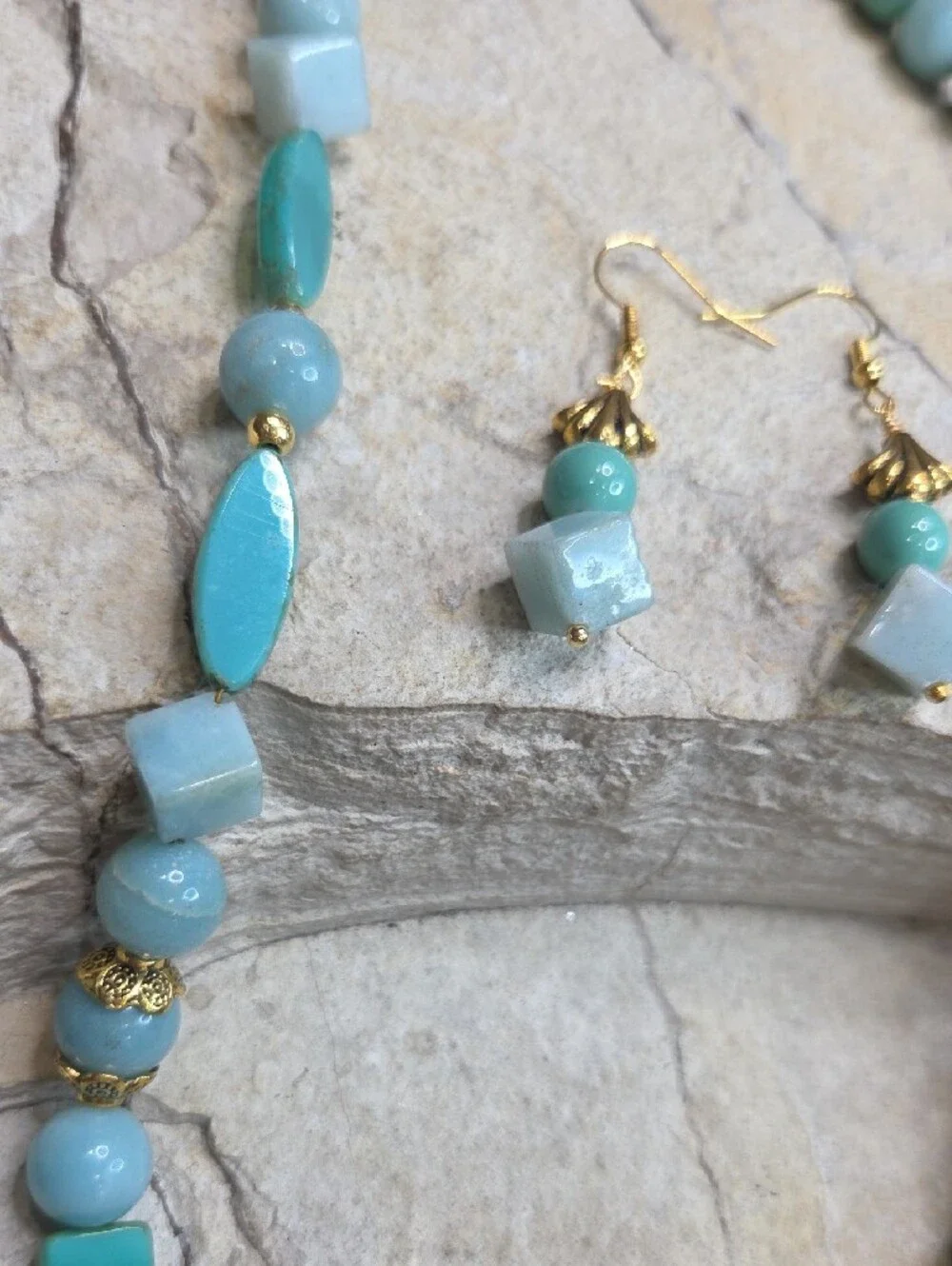 10K Solid Gold Aisan Jade Pendant On Amazonite & Glass Beads Necklace & Earring